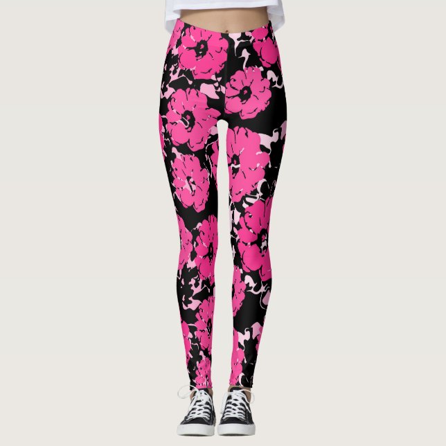 Blommigt för kraftig Abstrakt på svart Shock rosa Leggings (Framsida)