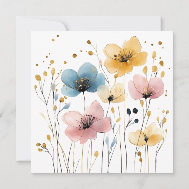 Blommigt för kraftig Gult, blått och Rosa vattenfä Julkort (Framsida)