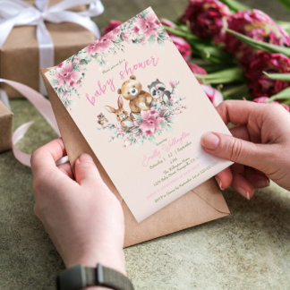 Blommigt för kutande djur Peach Rosa Girl Baby Sho Inbjudningar
