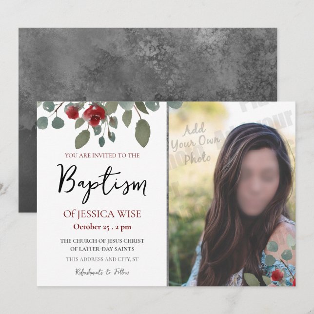Blommigt för LDS Baptism Girl Watercolor Ro Inbjudningar (Fram/baksida)