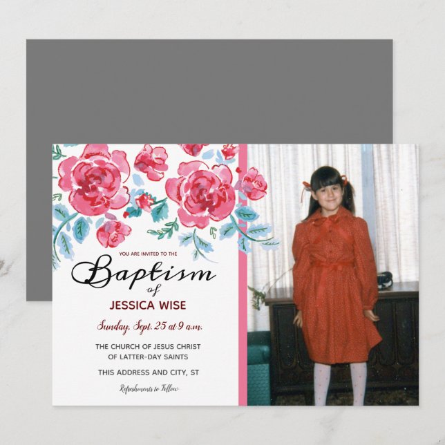 Blommigt för LDS Baptism Girl Watercolor Ro Inbjudningar (Fram/baksida)