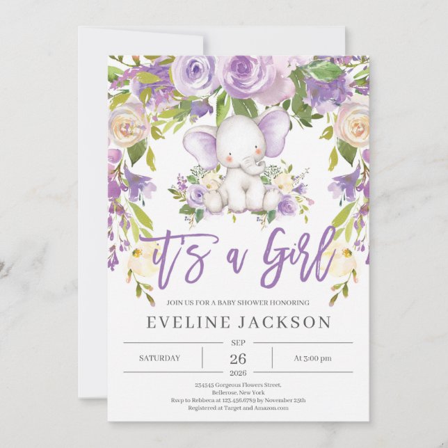 Blommigt för lila av akut elefant, rustik babydusc inbjudningar (Framsida)