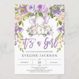 Blommigt för lila av akut elefant, rustik babydusc inbjudningar