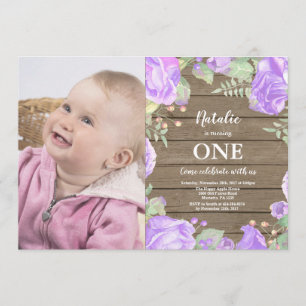 Blommigt för Lila av Rustic First Birthday-inbjuda Inbjudningar