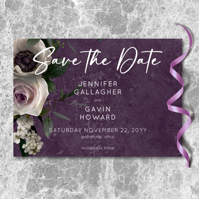 Blommigt för Lila Elegant i modern Bröllop Spara Datumet (Plum Purple Elegant Floral Modern Wedding Save The Date)