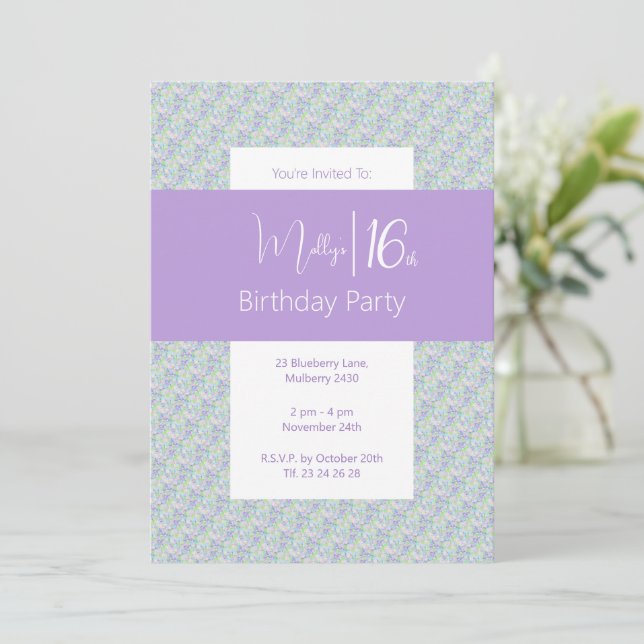 blommigt för Lila Grönt  Tonåringar 16:e födelseda Inbjudningar (Stående Fram)