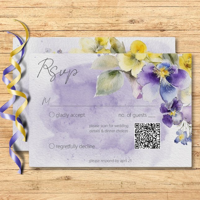 Blommigt för lila och Gult Modern Bröllop QR-kod OSA Kort (Purple & Yellow Floral Modern Wedding QR Code RSVP Card)