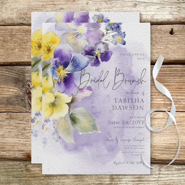 Blommigt för lila och Gult Modern Möhippa Brunch Inbjudningar (Purple & Yellow Floral Modern Bridal Brunch Invitation)