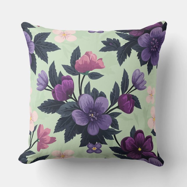 Blommigt för lila och Rosa på Ljust grönt grunder Kudde (Framsida)