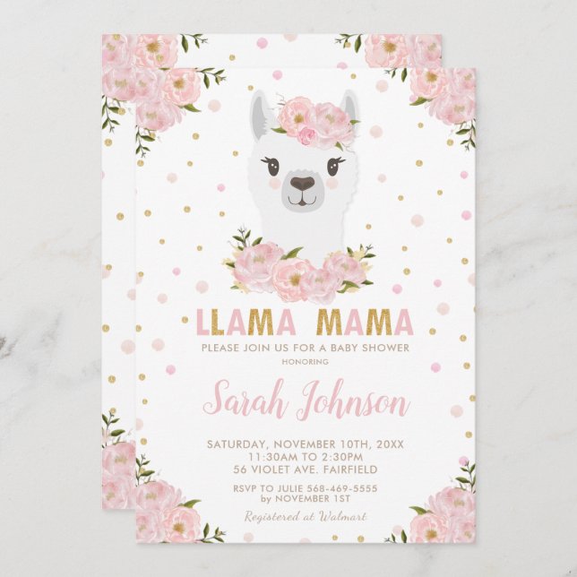  Blommigt för Llama Baby Shower Inbjudningar (Fram/baksida)