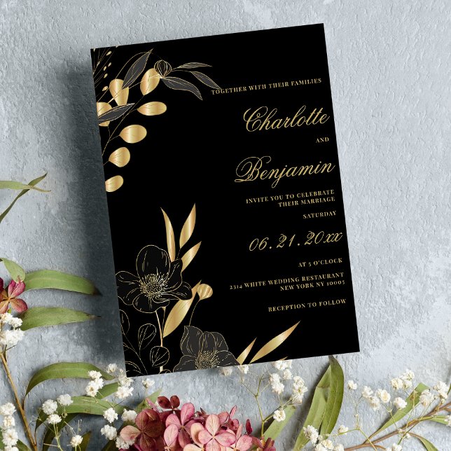 Blommigt för lyxolja guld, svart elegant, bröllop inbjudningar (Luxury gold black elegant floral theme wedding)