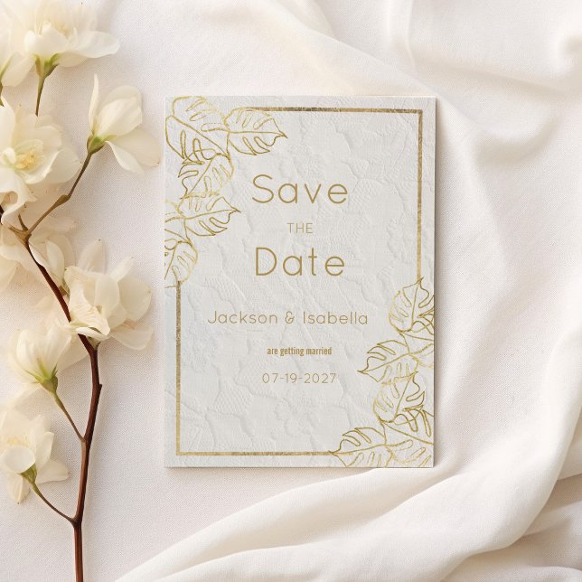 Blommigt för lyxvit guld Fransk snöre Spara datum Inbjudningar (Luxury white gold French floral lace Save the Date)