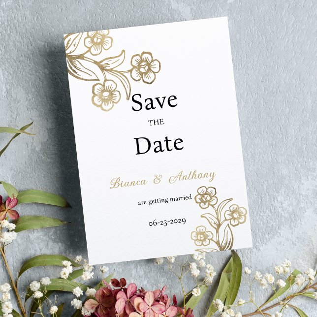 Blommigt för lyxvit guld-typografi Spara datum Inbjudningar (Luxury white gold typography floral Save the Date )