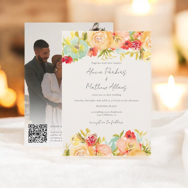 Blommigt för målat vattenfärg Foto Qr-kod Bröllop Inbjudningar (Painted Watercolor Floral Photo Qr code Wedding Invitation)
