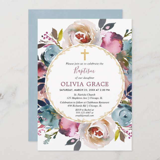 Blommigt för marin blå burgundi merlot Baptism Inbjudningar (Fram/baksida)