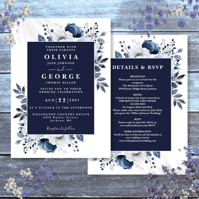 Blommigt för marin blå Elegant allt på en Bröllop Inbjudningar (Navy Blue Elegant Floral All In One Wedding Invitation)