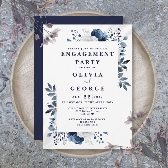 Blommigt för marin blå Elegant Inbjudningar (Navy Blue Elegant Floral Engagement Party Invitation)