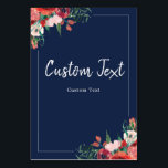 Blommigt för marin blå korall reserverad för Bröll Bordsnummer<br><div class="desc">Vintage Modern Coral Navy Blue Watercolor Blommigt Signera designen har hand om färgade vintage röda blommigtar på en mörk med marin blå bakgrund.</div>