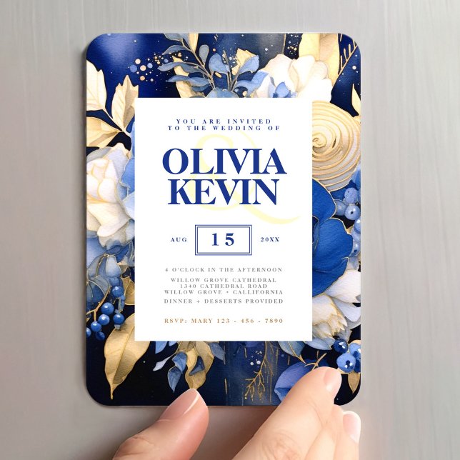 Blommigt för marin blått och Guld Elegant Vattenfä Magnet (Wedding Navy Blue & Gold Floral Watercolor Magnet, Save The Date Magnet, Wedding Favors)