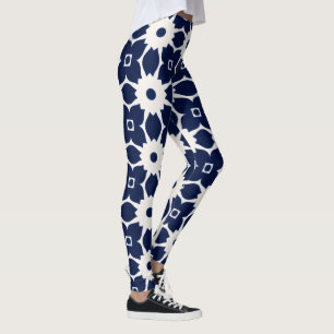 Blommigt för marin blått och vitt geometriskt leggings