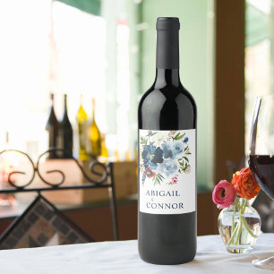Blommigt för marin och dammblå Elegant, vattenfärg Vinflaska Etikett