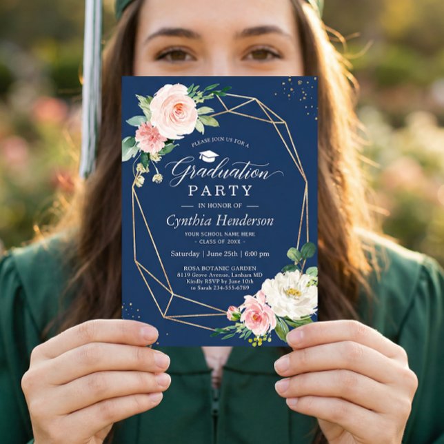 Blommigt för marin  Rosa, geometrisk Studenten Inbjudningar (Skapare uppladdad)