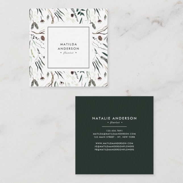 Blommigt för modern elegant, snyggt squ, beräknad  fyrkantigt visitkort (Fram/baksida)