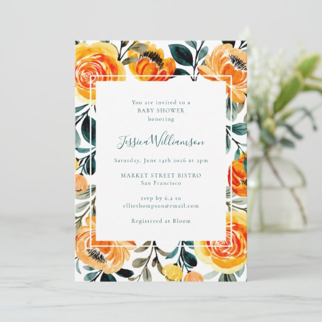 Blommigt för modern Orange Gult Garden Baby Shower Inbjudningar (Stående Fram)
