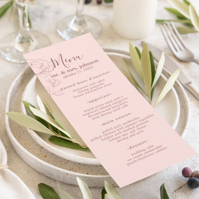 Blommigt för modern Rosa Elegant Meny (Blush pink with a modern floral outline makes a beautiful elegant design for your reception menu.)