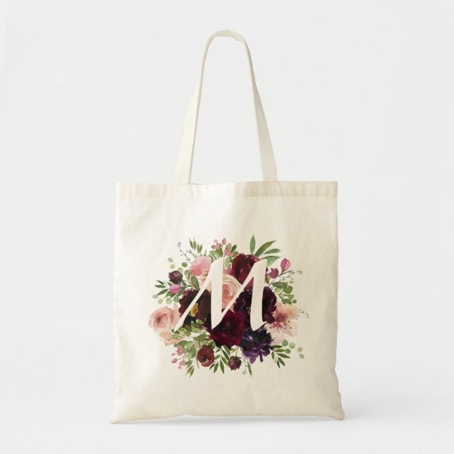 Blommigt för Monogram & Burgundy &  Rosa Tygkasse (Framsidan)
