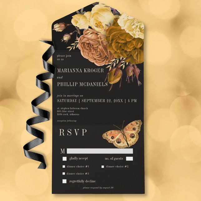 Blommigt för Moody svart mörk, höstmiddag (Dark Moody Black Autumn Floral Dinner All In One Invitation)