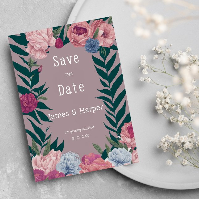 blommigt för mörk grönt rosa i land Spara datum Inbjudningar (Country dark green mauve pink floral Save the Date )