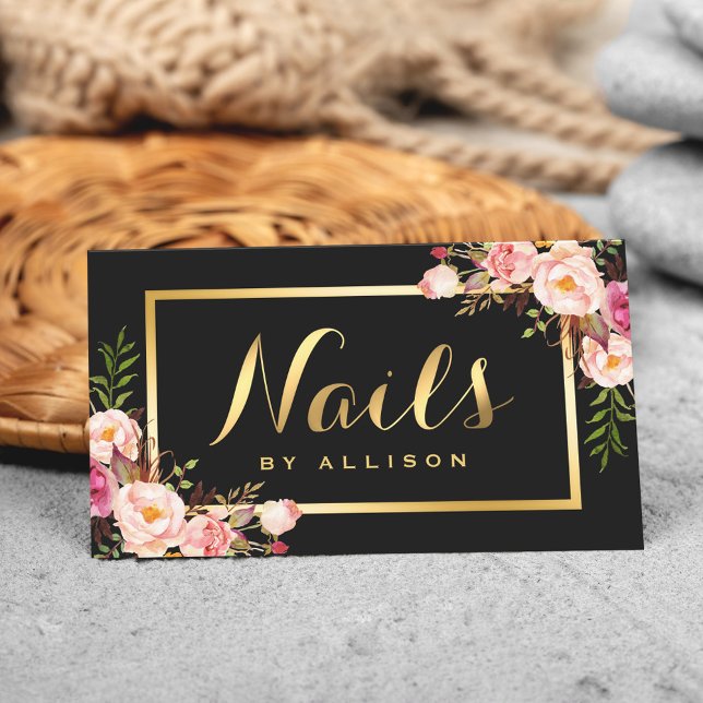 Blommigt för Nail Technician Salon Black Guld Visitkort (Skapare uppladdad)