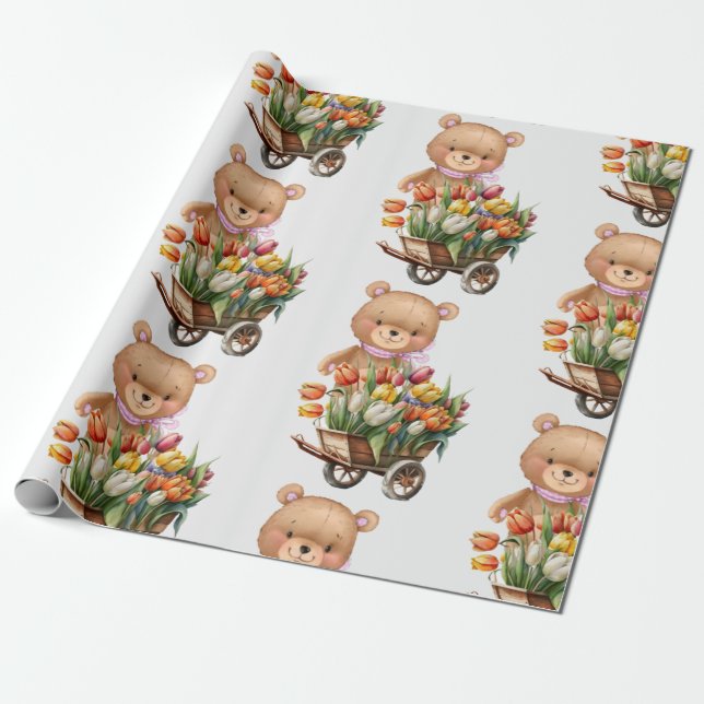 Blommigt för Nalle av babykläder, rustik rosa Presentpapper (Utrullad)