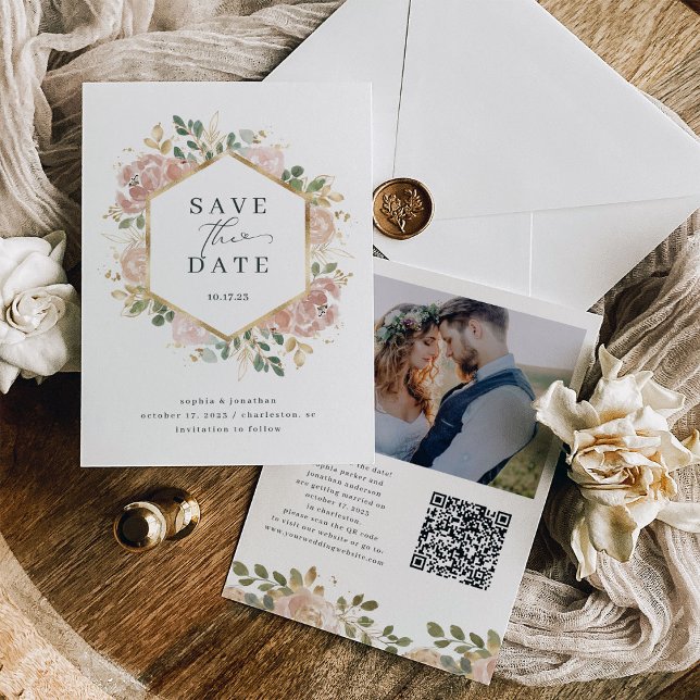 Blommigt för neutralt vattenfärg med QR-kod och fo Spara Datumet (A stylish, neutral watercolor floral save the date with your photo and scannable QR code)