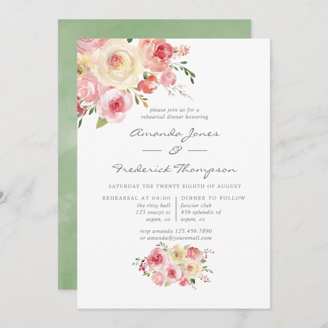 Blommigt för  och Sage Grönt Rehearsal Middag Inbjudningar (Fram/baksida)