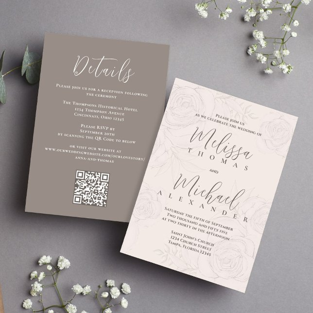  Blommigt för Online för OSA av elegant QR-kod Inbjudningar (Elegant wedding invitations with blush floral pattern and taupe with QR Code)
