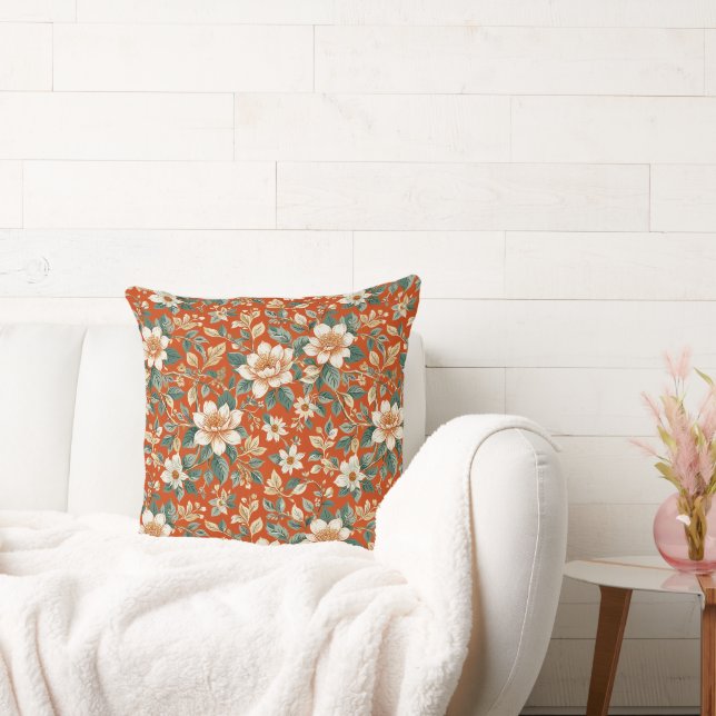 Blommigt för orange, Cream och skalskydd Kudde (Soffa)