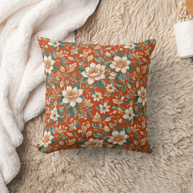 Blommigt för orange, Cream och skalskydd Kudde (Filt)