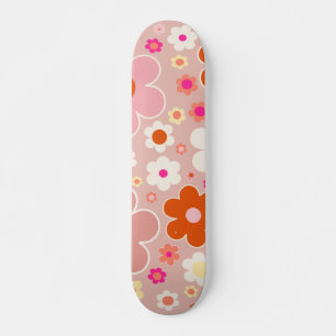 Blommigt för Orange för  Rosa i Retro Flowers Peac Mini Skateboard Bräda 18,5 Cm