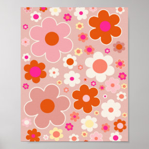 Blommigt för Orange för  Rosa i Retro Flowers Peac Poster