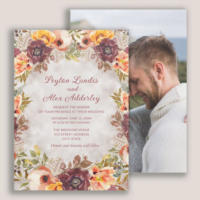 Blommigt för orangens rostfall Hösthöst, foto Bröl Inbjudningar (Rust and orange watercolor floral fall wedding photo invitation)