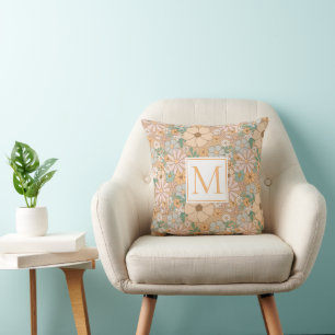 Blommigt för persiko-Orange   Persnalize Monogram Kudde