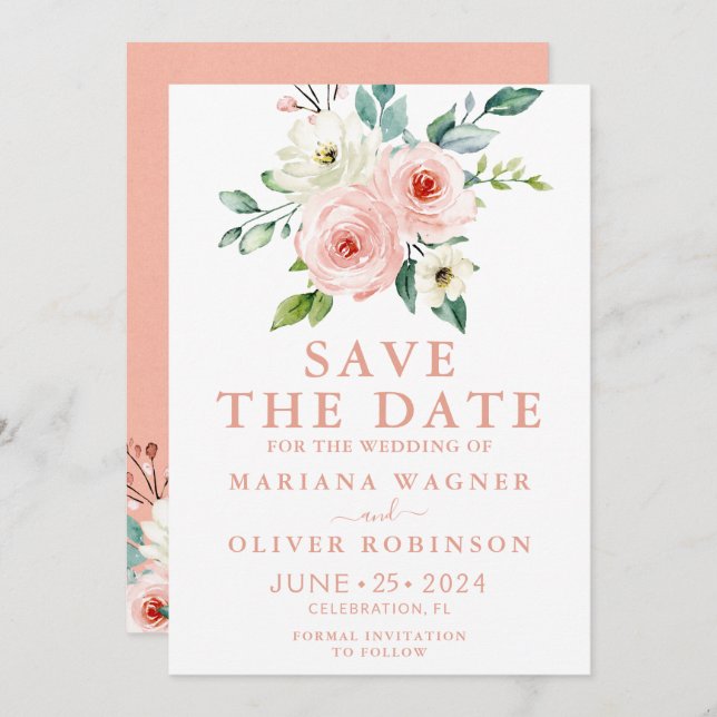 Blommigt för persikor med vit vattenfärg Spara dat Inbjudningar (Fram/baksida)