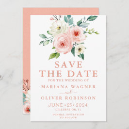 Blommigt för persikor med vit vattenfärg Spara dat Inbjudningar