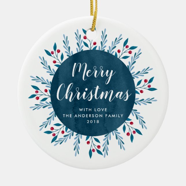 Blommigt för personlig jul, blå vattenfärg julgransprydnad keramik (Framsidan)