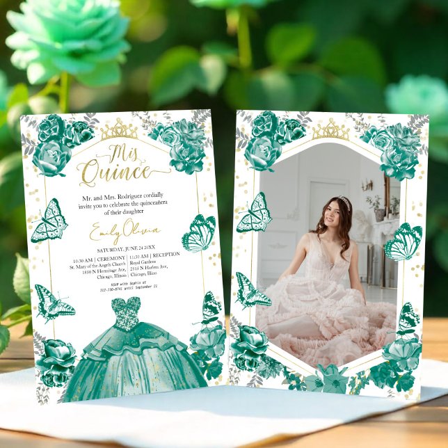 Blommigt för Photo Quinceanera-inbjudan Emerald Gr Inbjudningar (Skapare uppladdad)