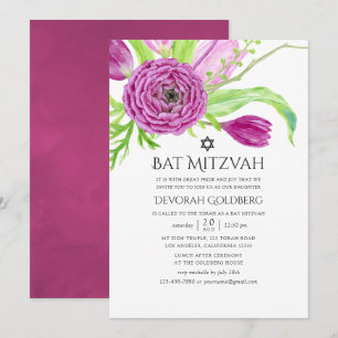 Blommigt för plommonvattenfärg Bat mitzvah Inbjudningar