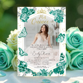 Blommigt för Quinceanera-fotoinbjudan Emerald Grön Inbjudningar