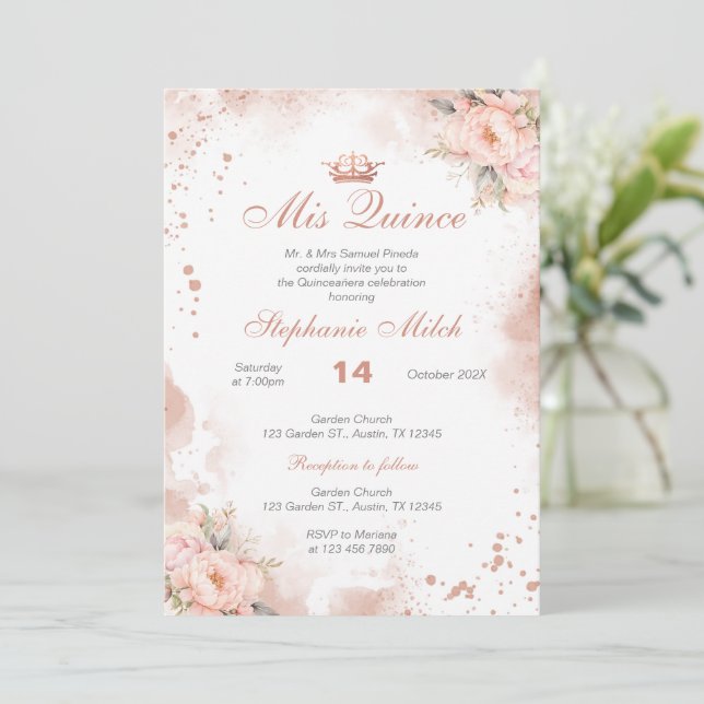 Blommigt för Quinceanera-inbjudan till rosa Inbjudningar (Stående Fram)